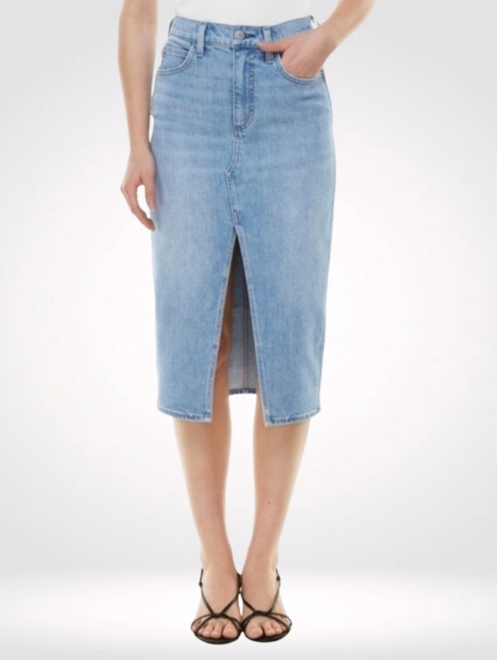 Aritzia DENIM FORUM The 90s Halle Stretch Denim High Waist Midi Blue Skirt Sz 26